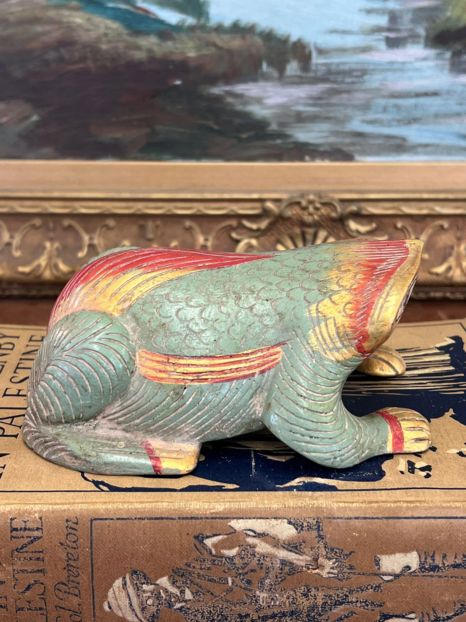 Vintage hand carved and hand painted wooden Frog Figurine In Good Condition For Sale In Seattle, WA