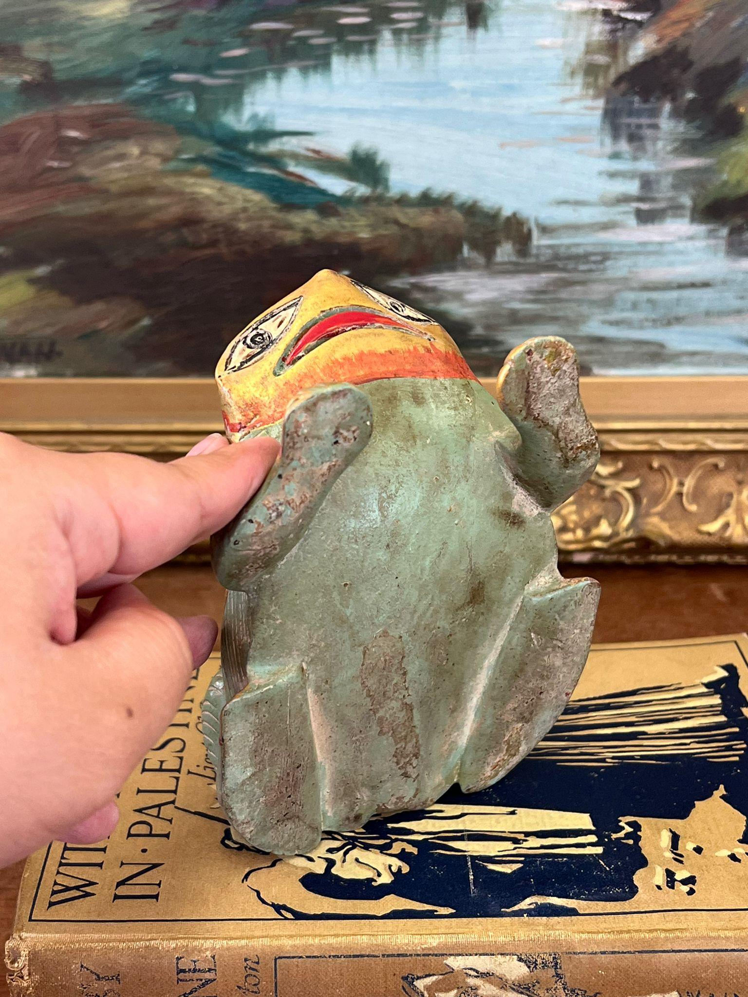 Late 20th Century Vintage hand carved and hand painted wooden Frog Figurine For Sale