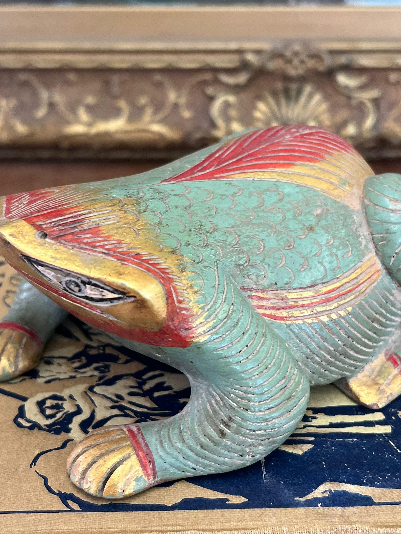 Wood Vintage hand carved and hand painted wooden Frog Figurine For Sale