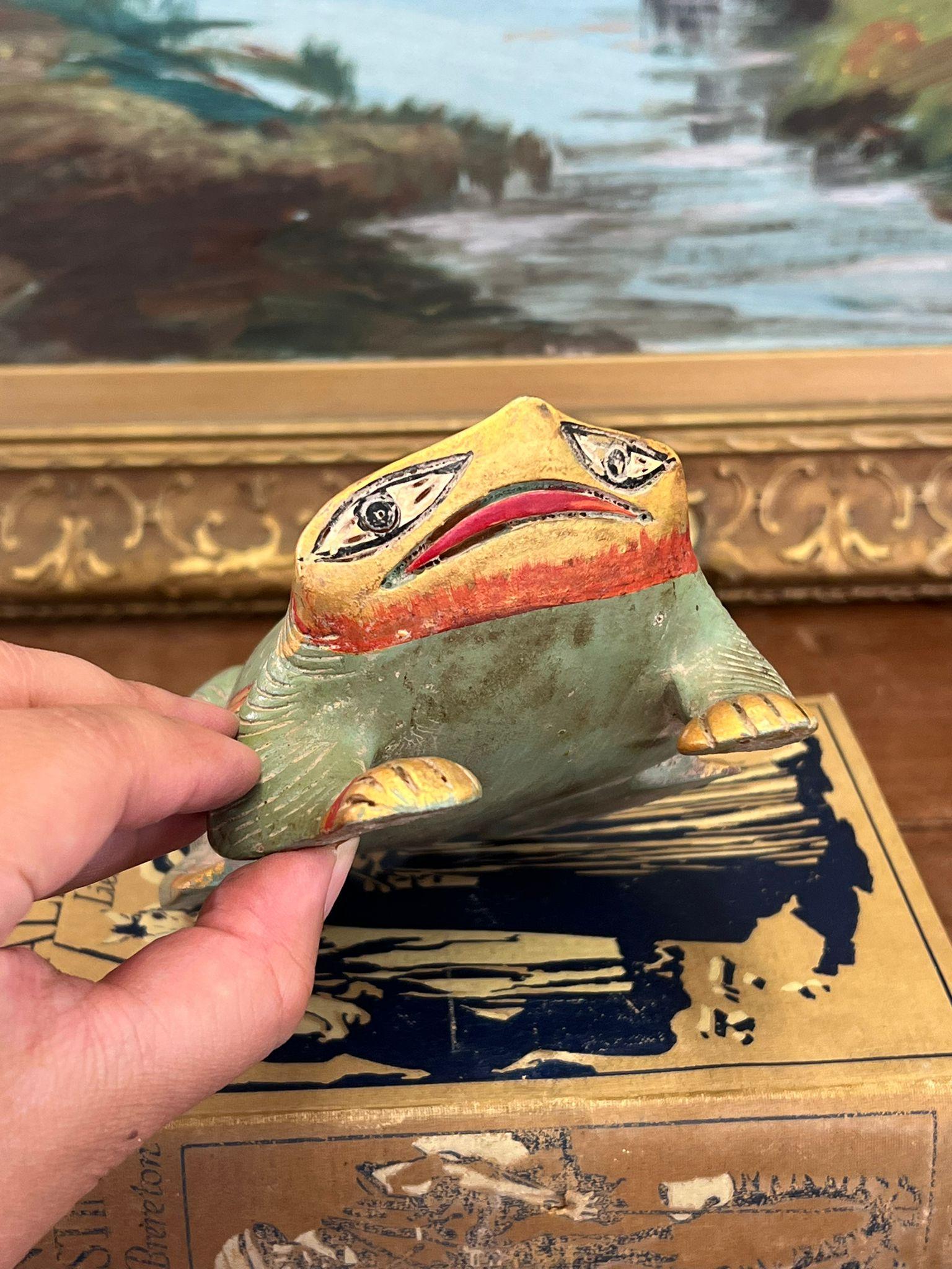 Vintage hand carved and hand painted wooden Frog Figurine For Sale 1