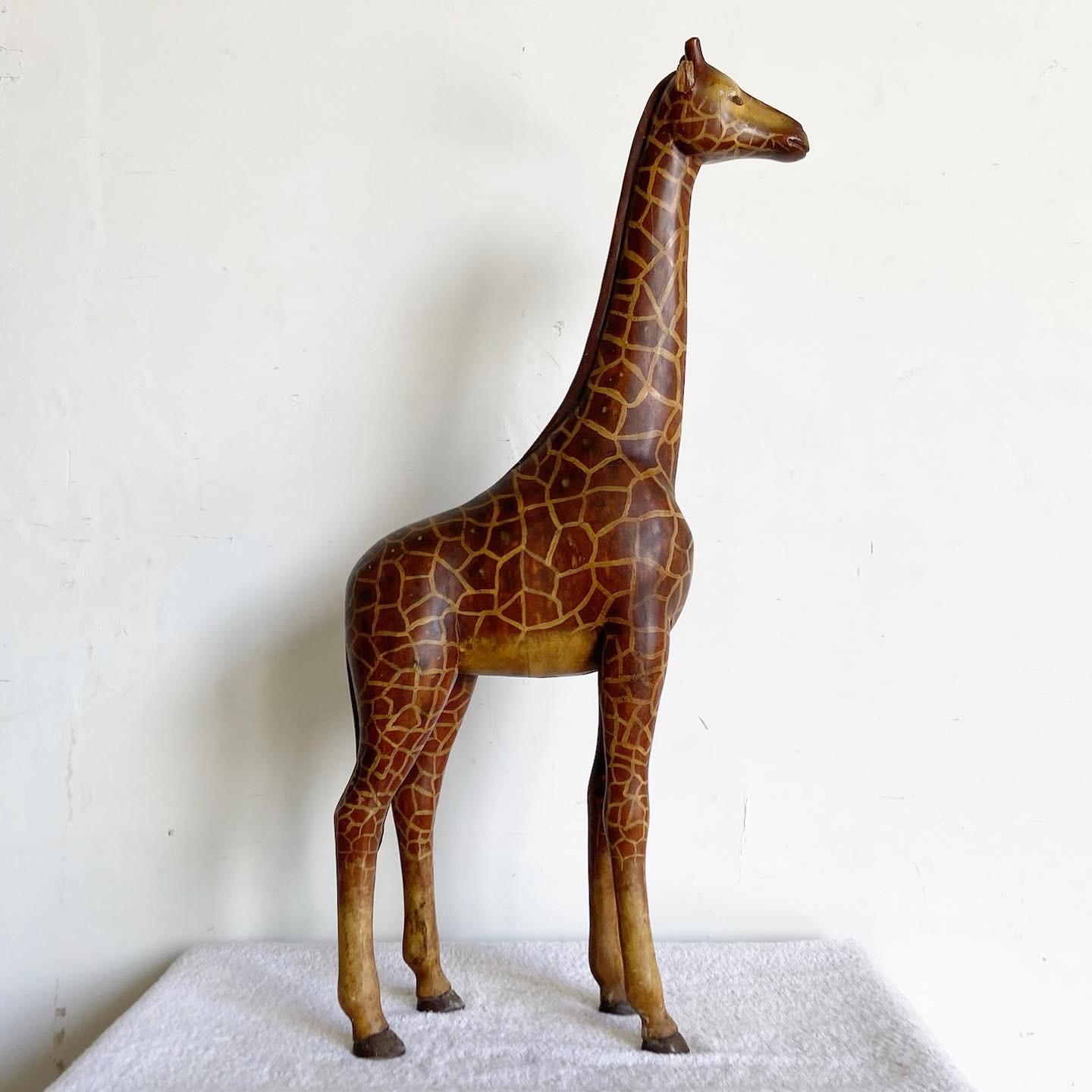 Vintage Hand Carved and Painted Giraffe Sculpture by Sarreid Ltd In Good Condition For Sale In Delray Beach, FL