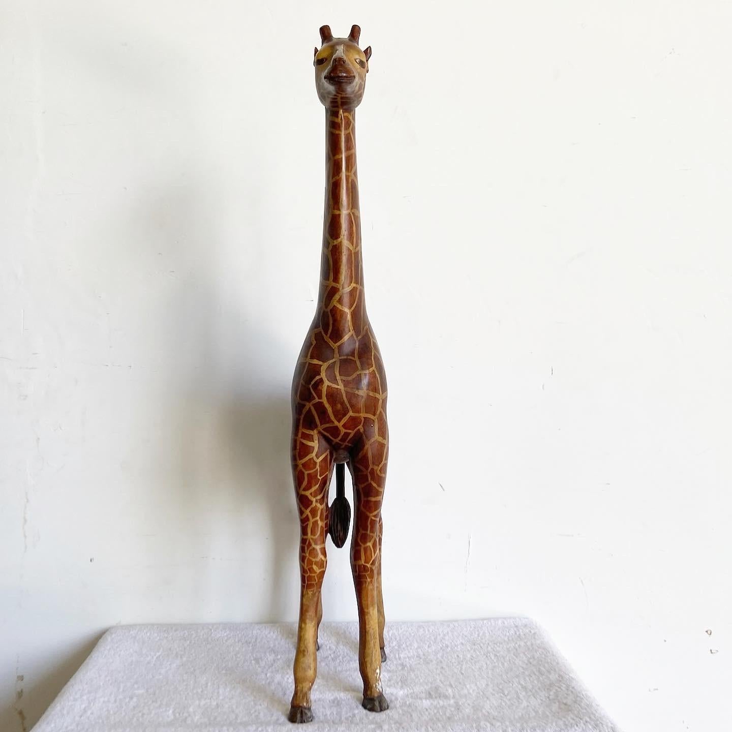 Wood Vintage Hand Carved and Painted Giraffe Sculpture by Sarreid Ltd For Sale