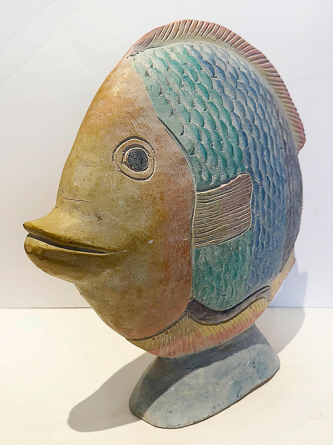 Hand-Carved Vintage Hand Carved and Painted Wood Tropical Fish Sculpture For Sale