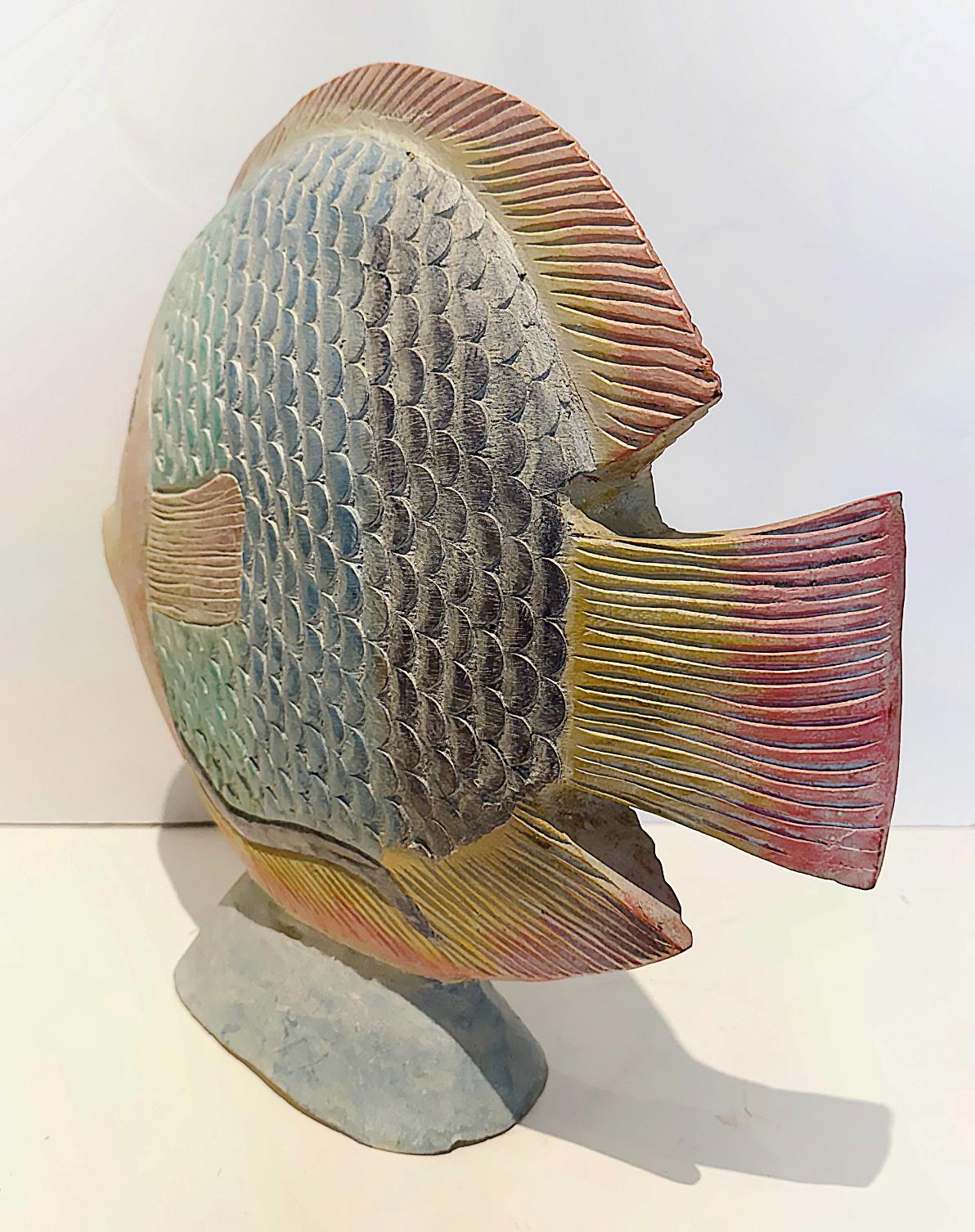 20th Century Vintage Hand Carved and Painted Wood Tropical Fish Sculpture For Sale
