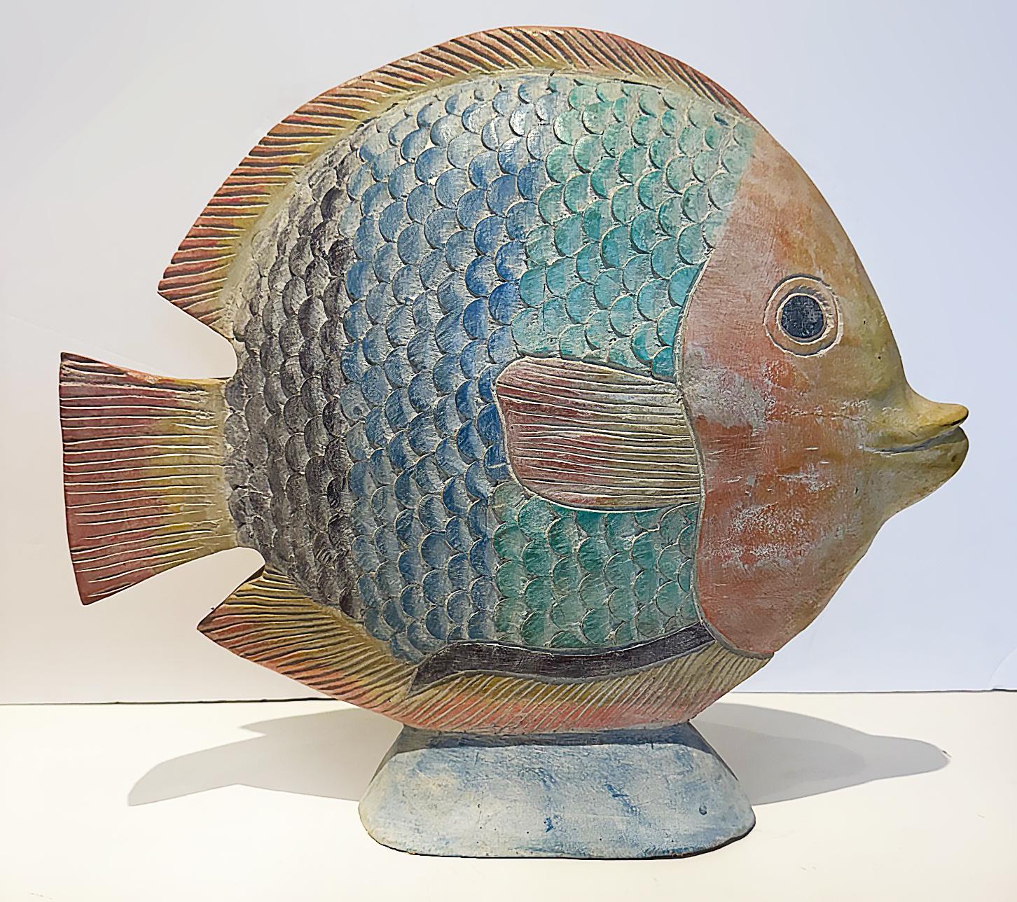 Vintage Hand Carved and Painted Wood Tropical Fish Sculpture For Sale 1