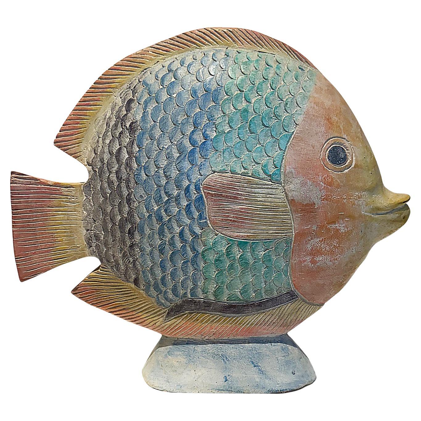 Escultura vintage de pez tropical de madera tallada y pintada a mano