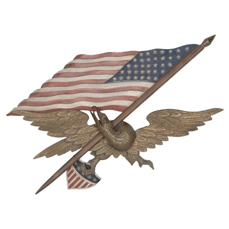 Vintage Hand Carved and Painted Wooden Eagle with American Flag by