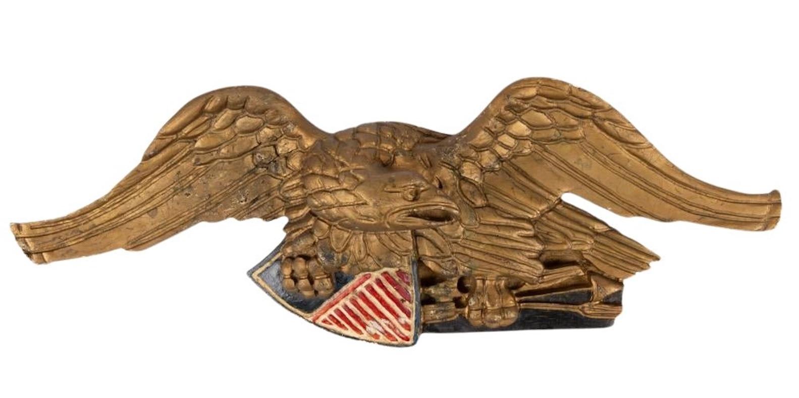 Federal Vintage Hand-Carved and Painted Wooden Eagle with Shield and Arrows For Sale