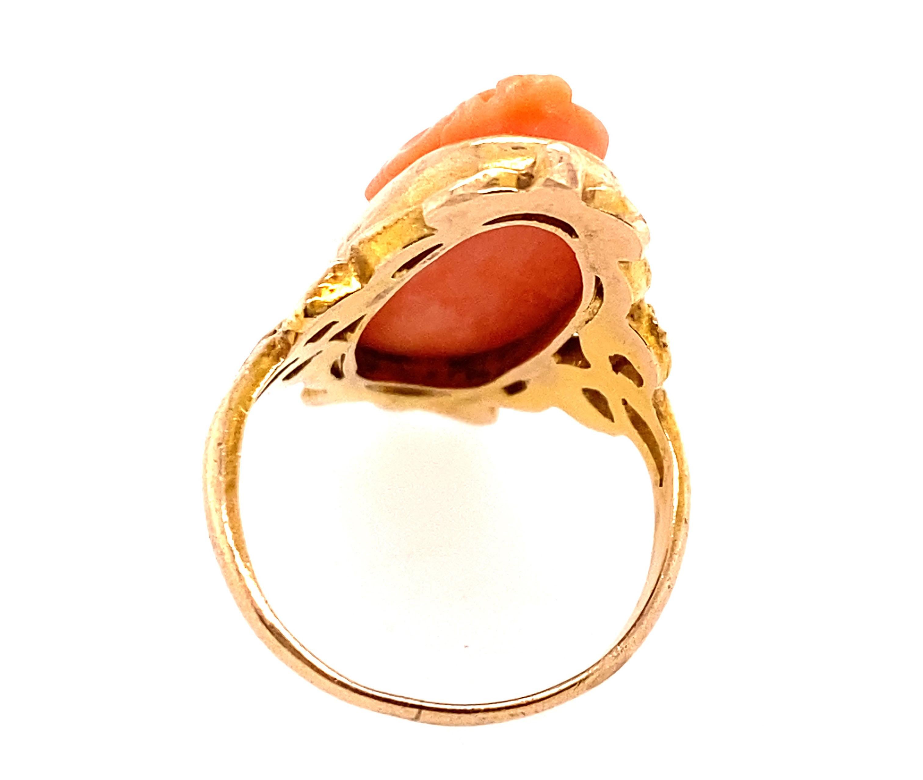 Art Nouveau Art Noveau Hand Carved Angel Skin Coral Ring Original 1895's-1910's Antique 14K For Sale