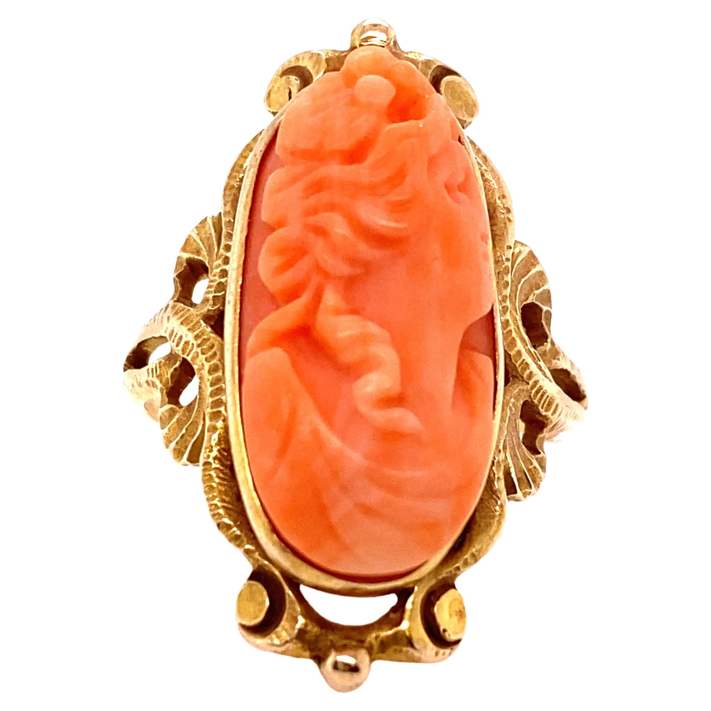 Art Noveau Hand Carved Angel Skin Coral Ring Original 1895's-1910's Antique 14K For Sale