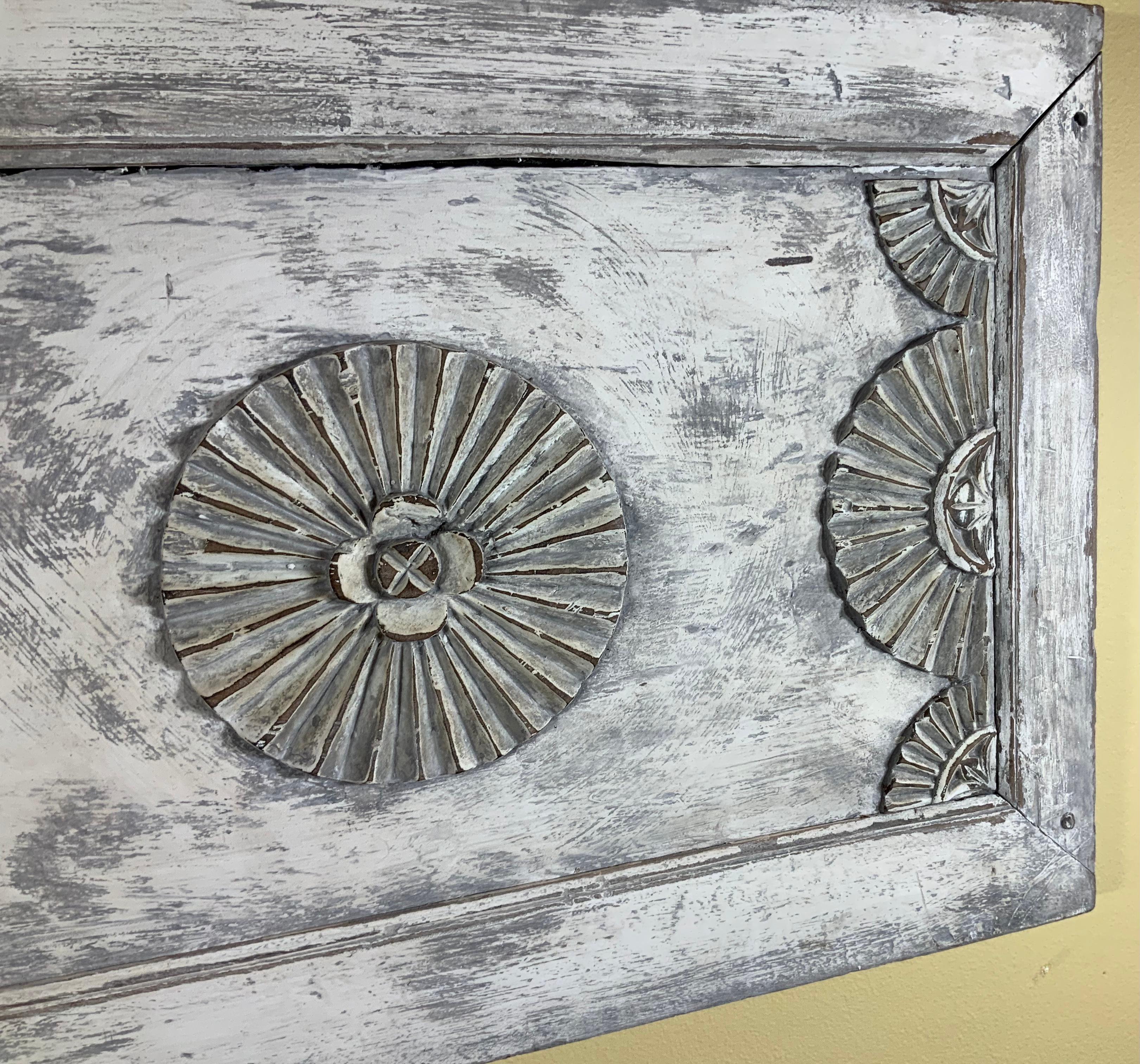 Beautiful hand carving wall hanging made from solid wood, with geometric circles motifs, hand painted in gray color, very nice patina.