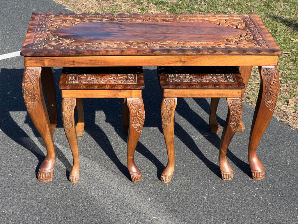 Vintage Hand Carved Asian Fruitwood Nesting Tables For Sale 5