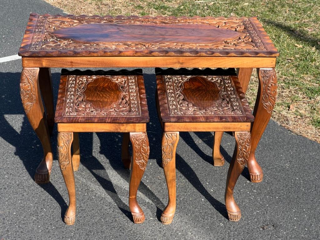 Chinese Export Vintage Hand Carved Asian Fruitwood Nesting Tables For Sale