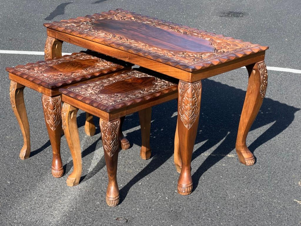 Chinese Vintage Hand Carved Asian Fruitwood Nesting Tables For Sale