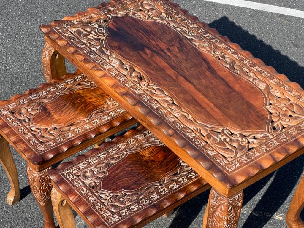 Vintage Hand Carved Asian Fruitwood Nesting Tables In Good Condition For Sale In Westfield, MA