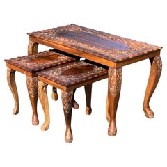 Vintage Hand Carved Asian Fruitwood Nesting Tables