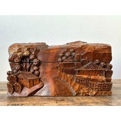 Vintage Hand Carved Asian Landscape Wood Box