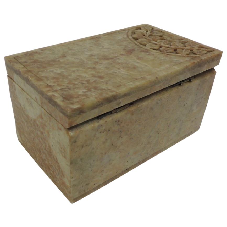 Vintage Italian HandCarved Alabaster Box with Brass Trim For Sale at