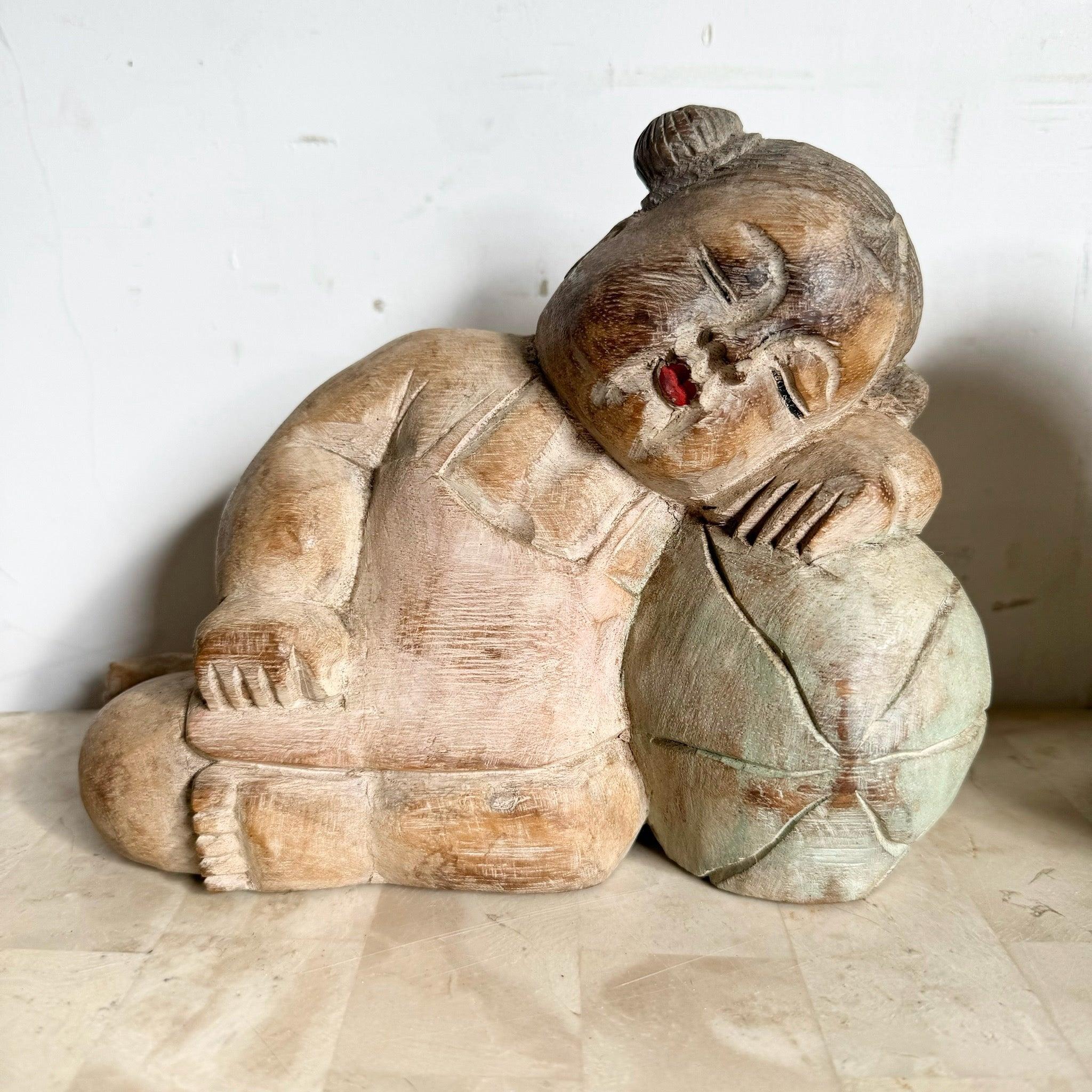Bébés asiatiques en bois vintage sculptés à la main - Lot de 2 en vente 2