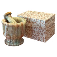 Vintage Hand-Carved Banded Green Onyx Mortar and Pestle, Sculptural Stone