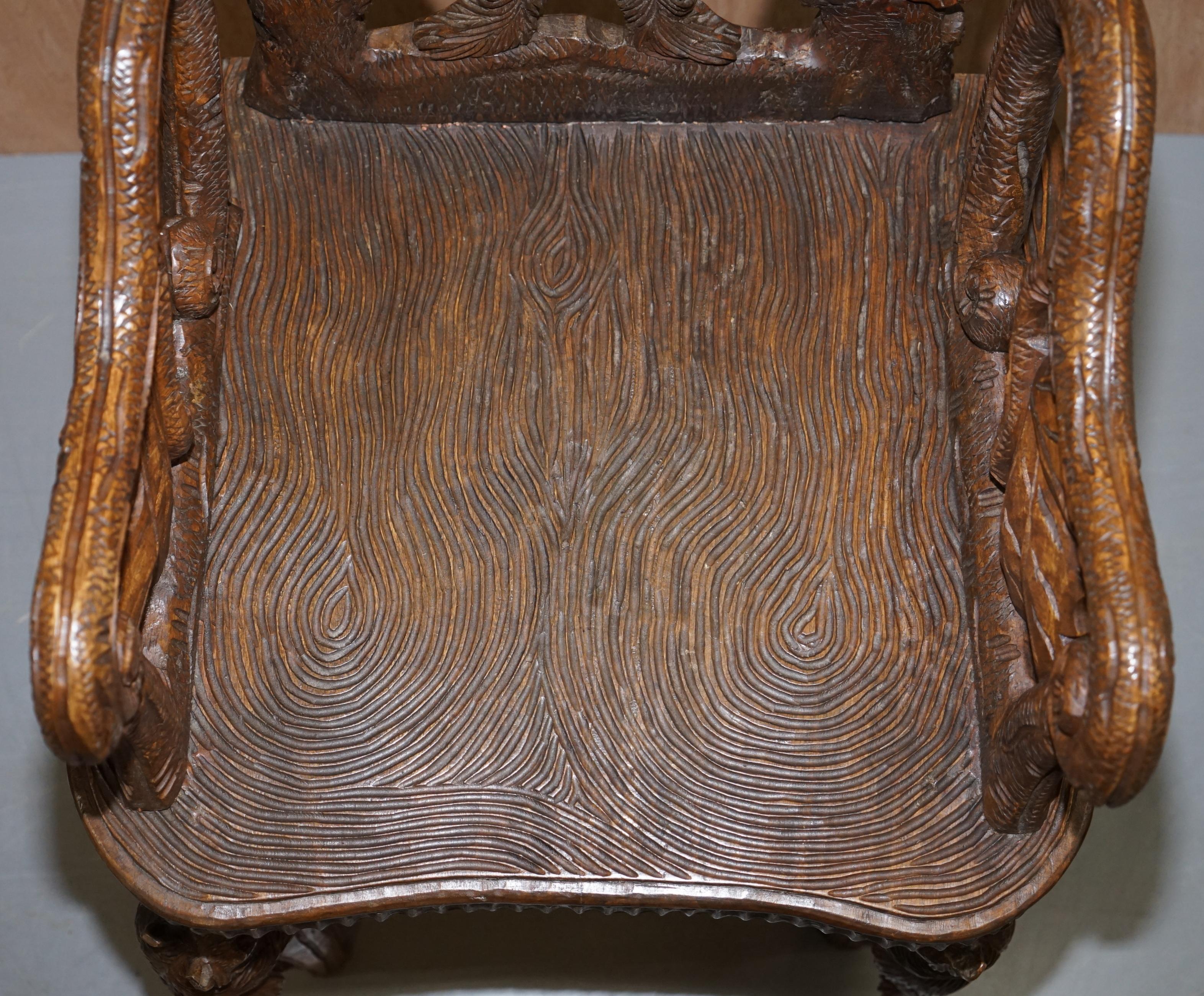 Vintage Hand Carved Black Forest Wood Bear Armchair with Bears Climbing the Legs 7