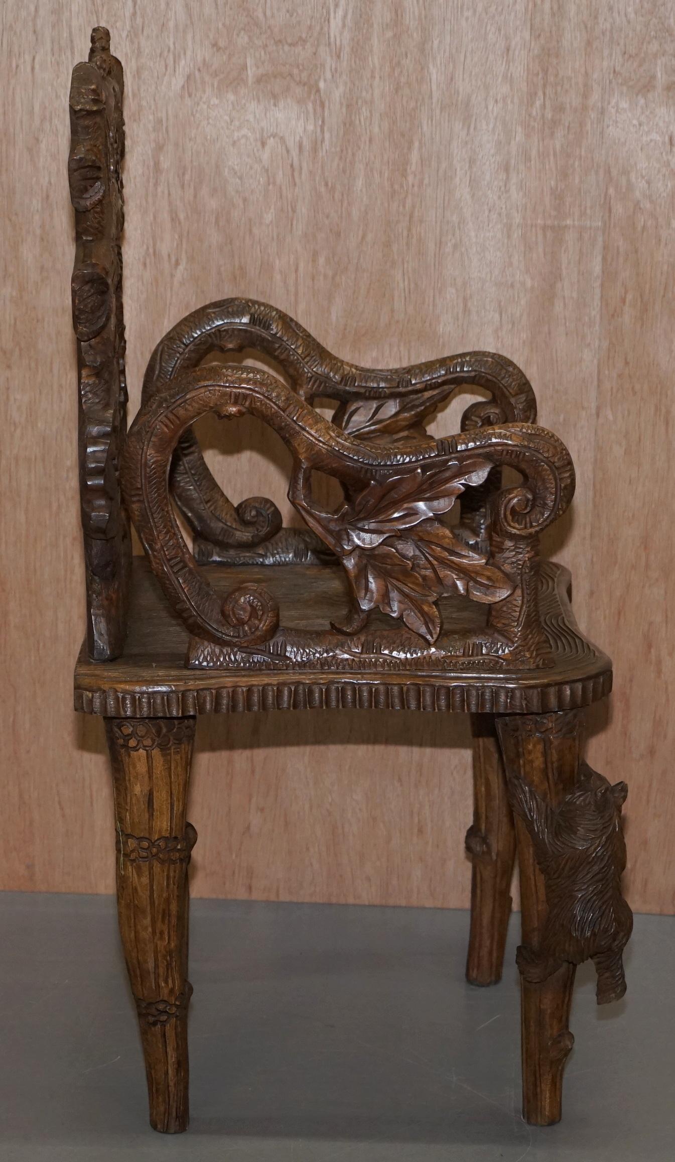 Vintage Hand Carved Black Forest Wood Bear Armchair with Bears Climbing the Legs 9