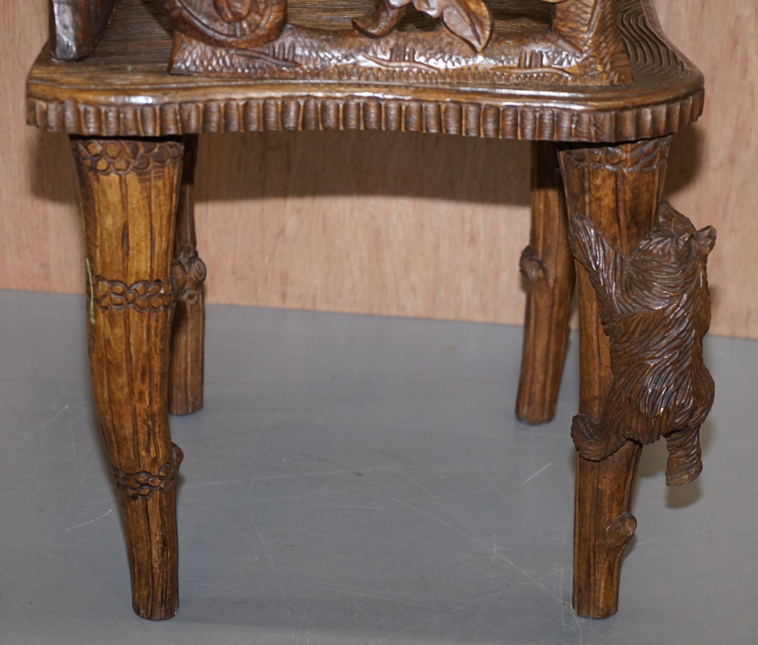 Vintage Hand Carved Black Forest Wood Bear Armchair with Bears Climbing the Legs 10