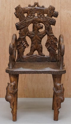 Vintage Hand Carved Black Forest Wood Bear Armchair with Bears Climbing the Legs