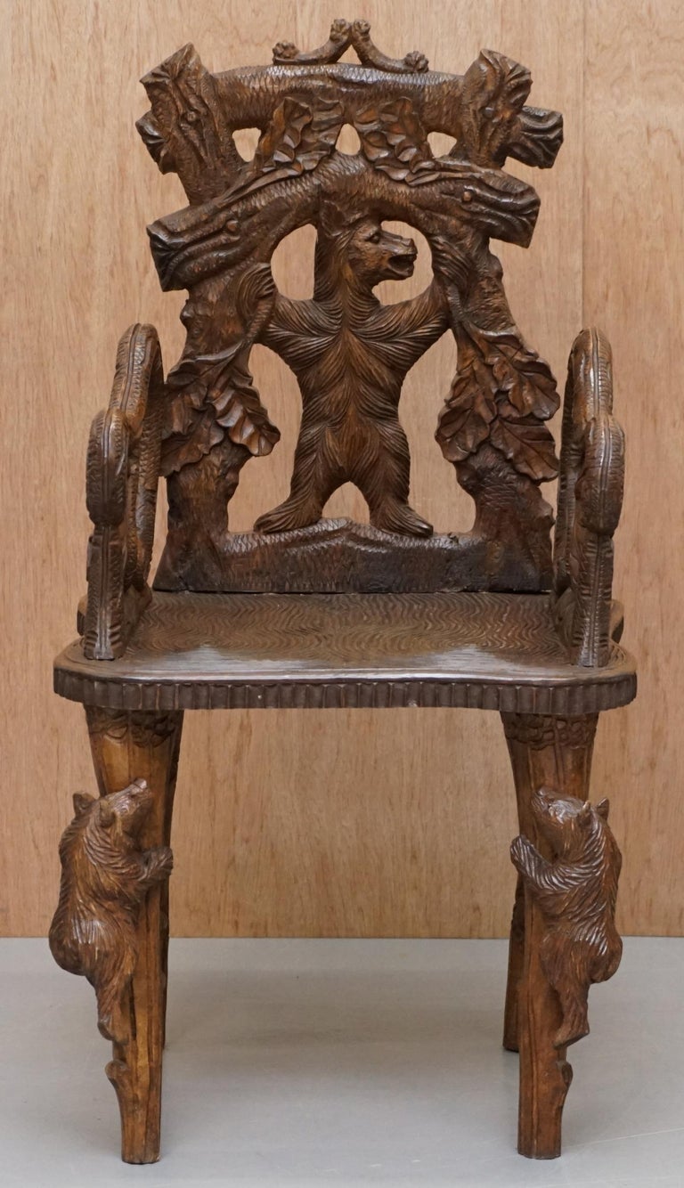 Vintage Hand Carved Black Forest Wood Bear Armchair with Bears Climbing