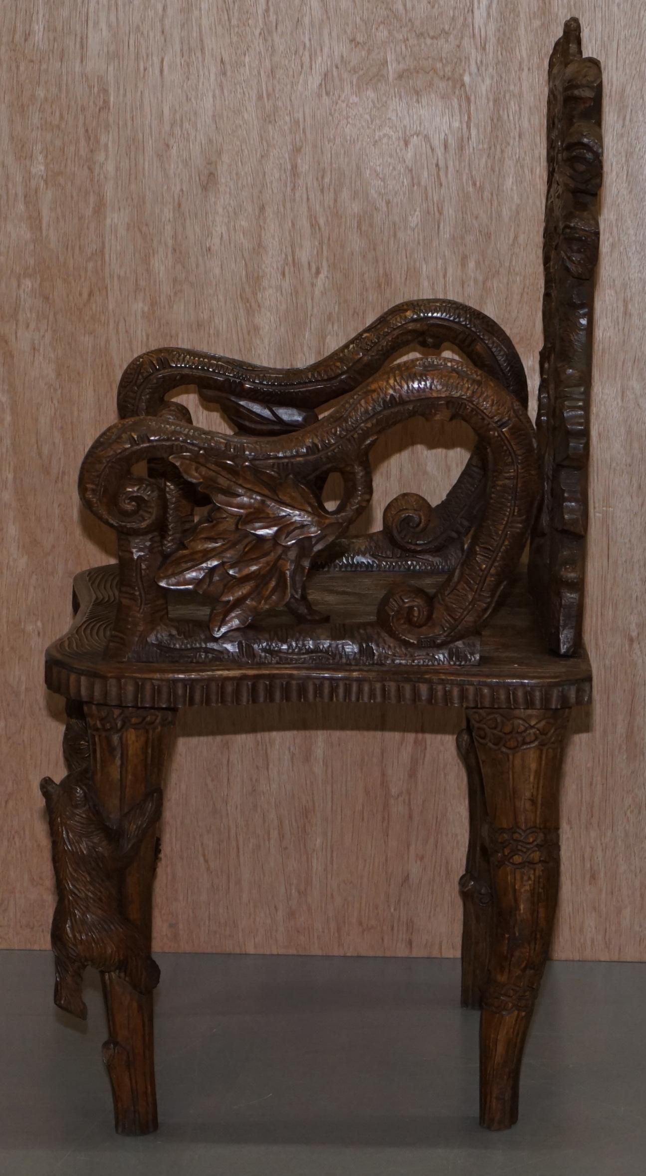 Vintage Hand Carved Black Forest Wood Bear Armchair with Bears Climbing the Legs 15