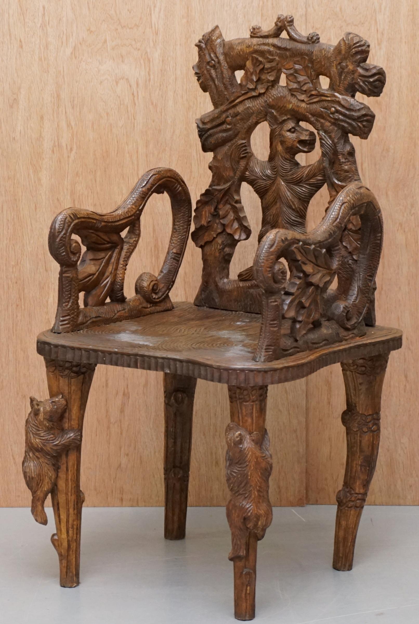 German Vintage Hand Carved Black Forest Wood Bear Armchair with Bears Climbing the Legs