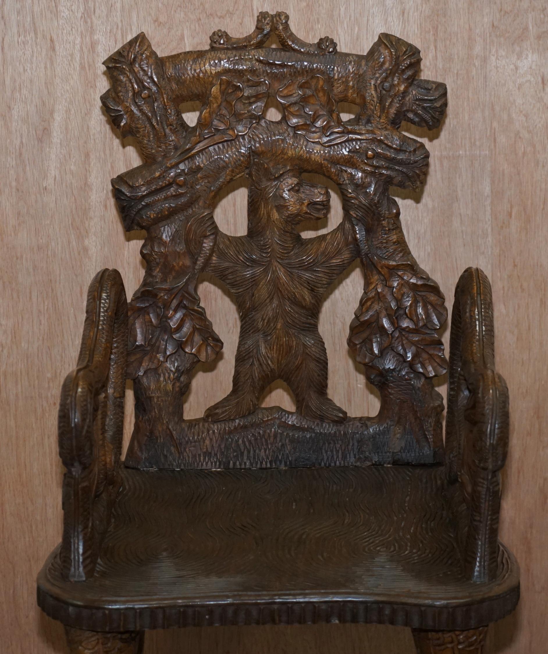 Hand-Crafted Vintage Hand Carved Black Forest Wood Bear Armchair with Bears Climbing the Legs