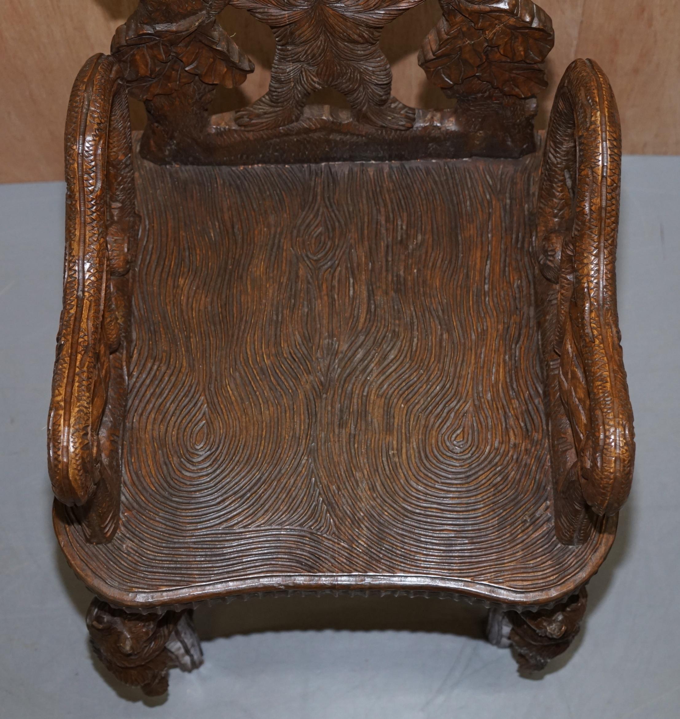 Vintage Hand Carved Black Forest Wood Bear Armchair with Bears Climbing the Legs 1