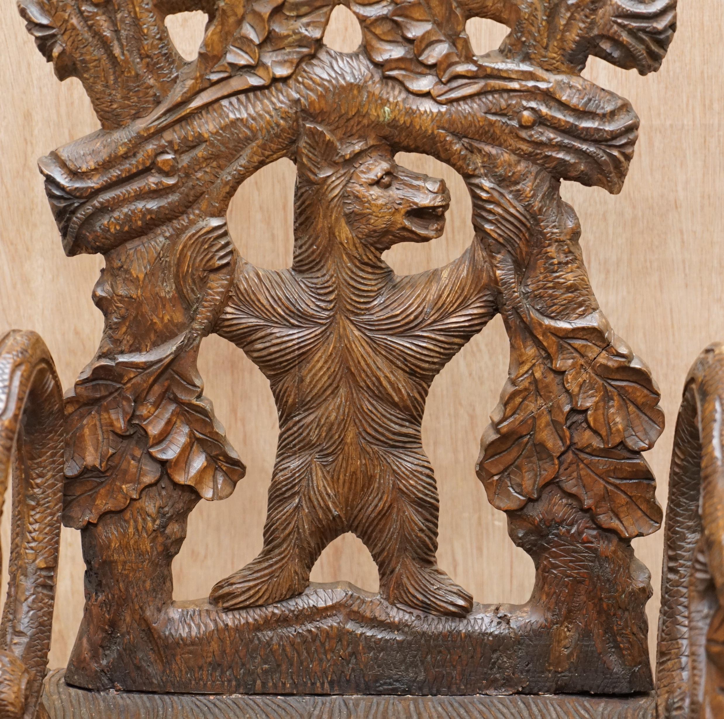 Vintage Hand Carved Black Forest Wood Bear Armchair with Bears Climbing the Legs 2