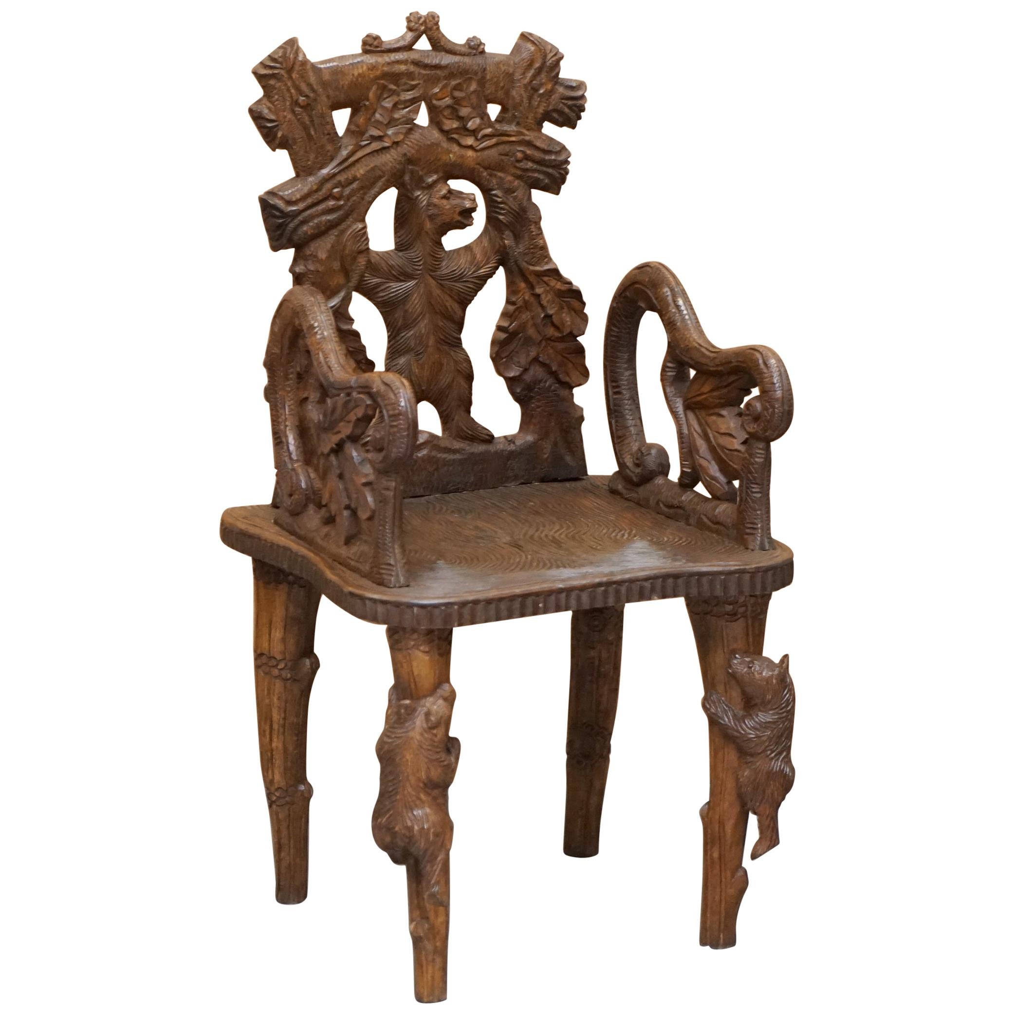 Vintage Hand Carved Black Forest Wood Bear Armchair with Bears Climbing the Legs