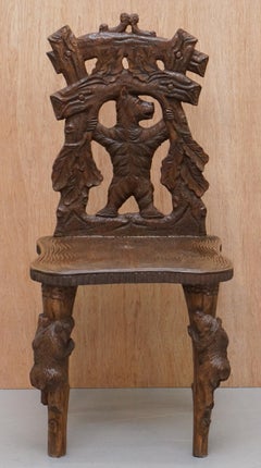 Vintage Hand Carved Black Forest Wood Bear Chair with Bears Climbing the Legs
