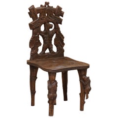 Vintage Hand Carved Black Forest Wood Bear Chair with Bears Climbing the Legs