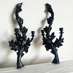 Vintage Hand Carved Black Wooden Candle Sconces - a Pair