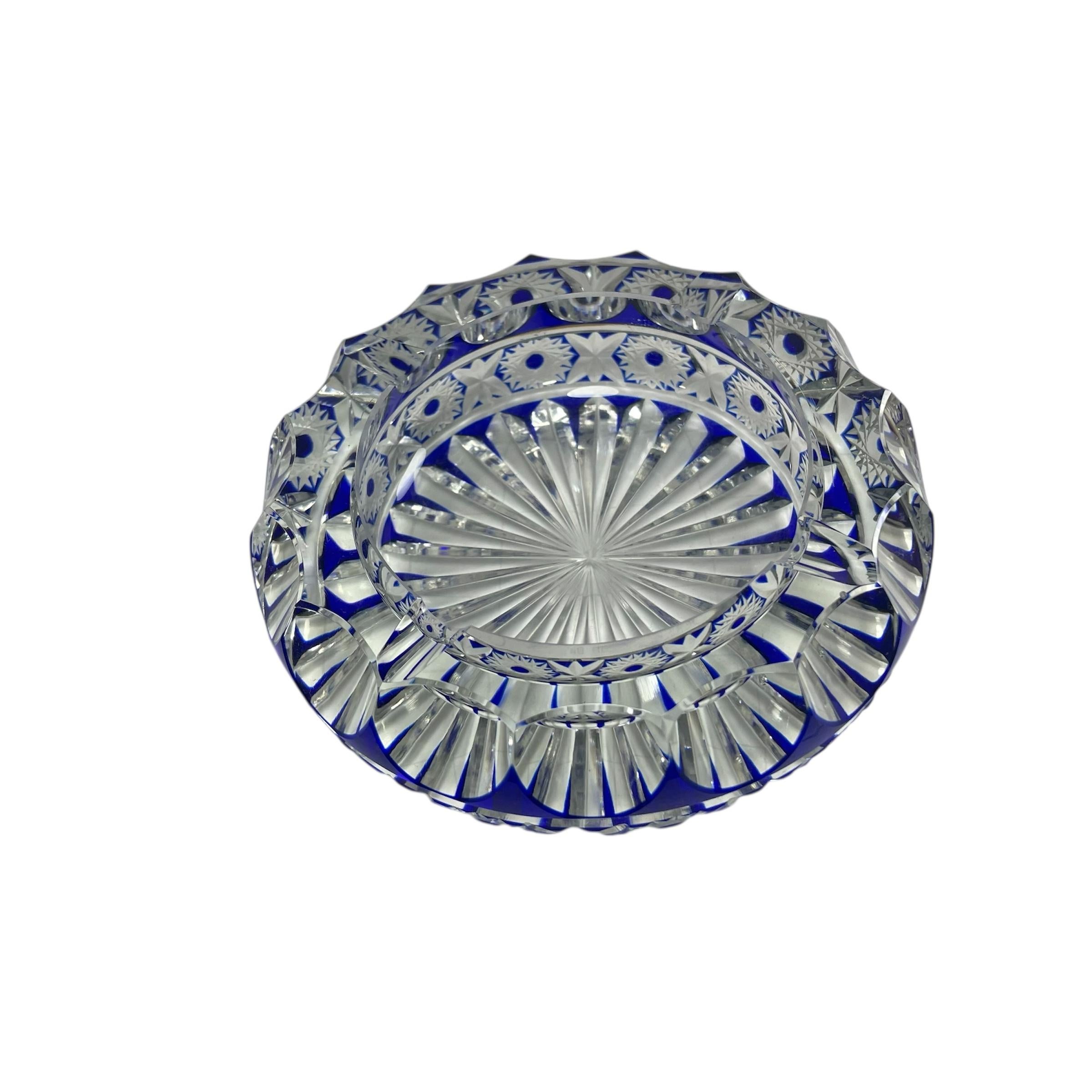 Art Deco Vintage Hand Carved Blue Crystal Ashtray For Sale