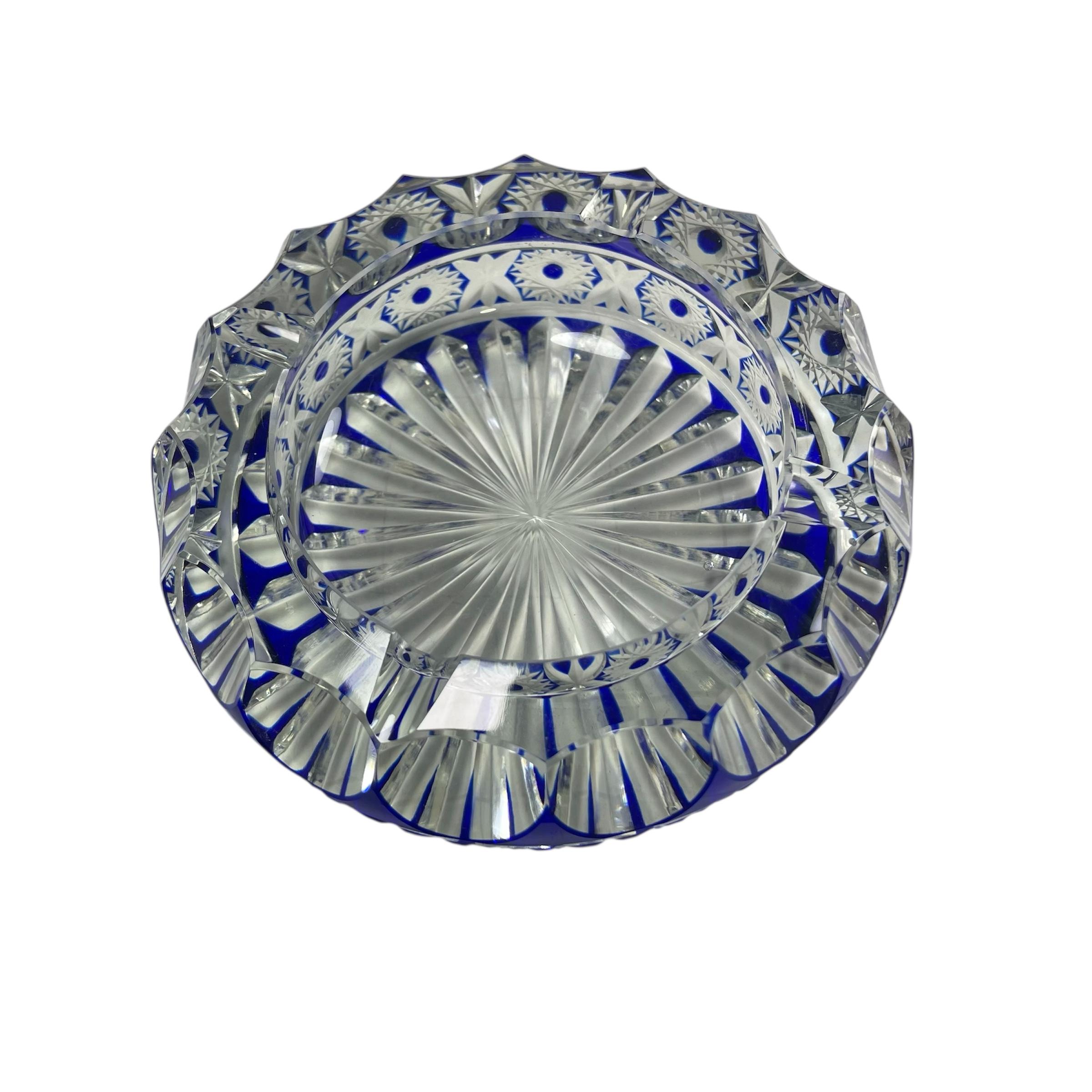 Mid-20th Century Vintage Hand Carved Blue Crystal Ashtray For Sale