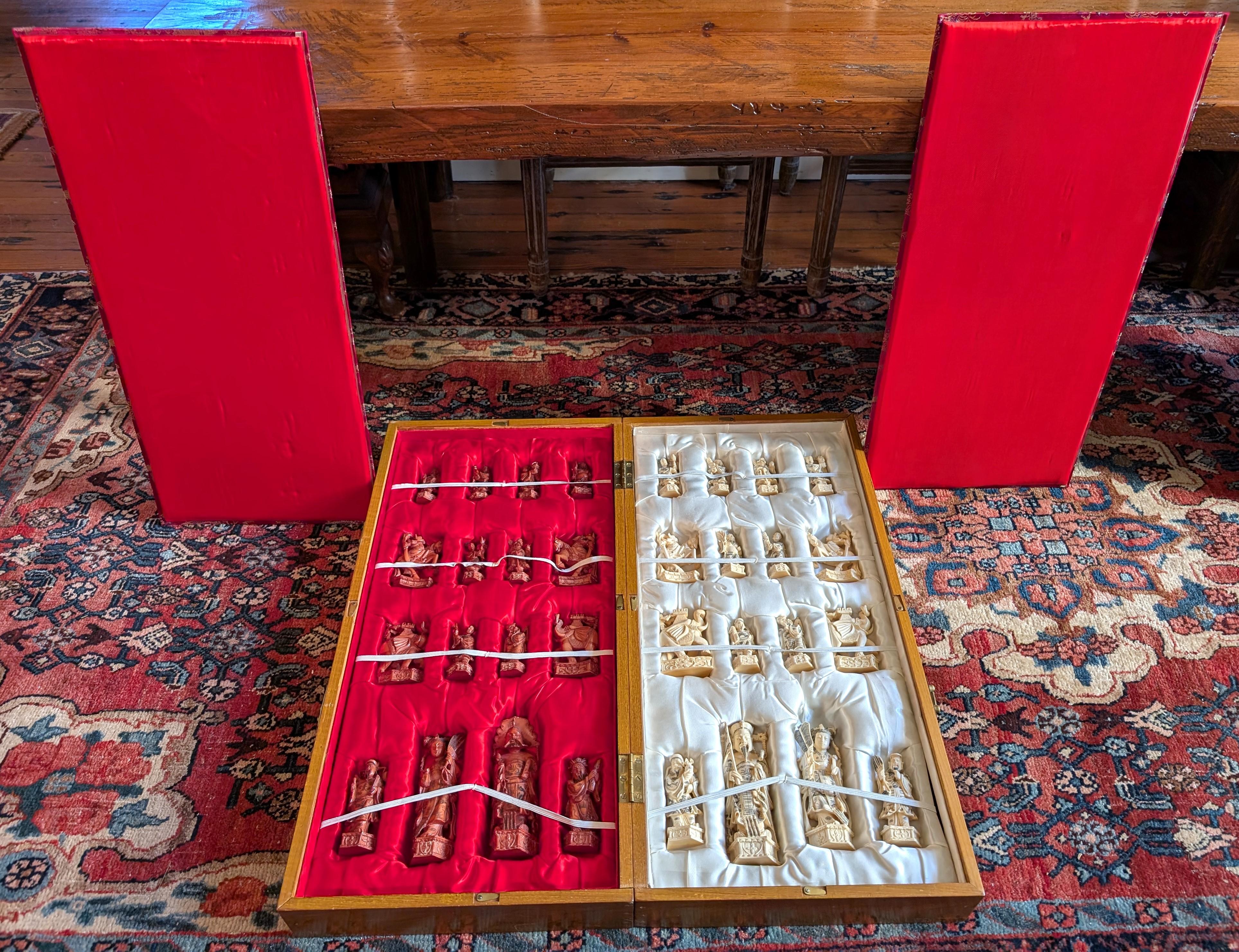 Wonderful vintage hand carved bone chess set in fabulous condition. Perfect to put on a game table or stand on its own box which doubles as a chess board. These beautiful pieces can also be a nice addition to a collector of hand carved figures and
