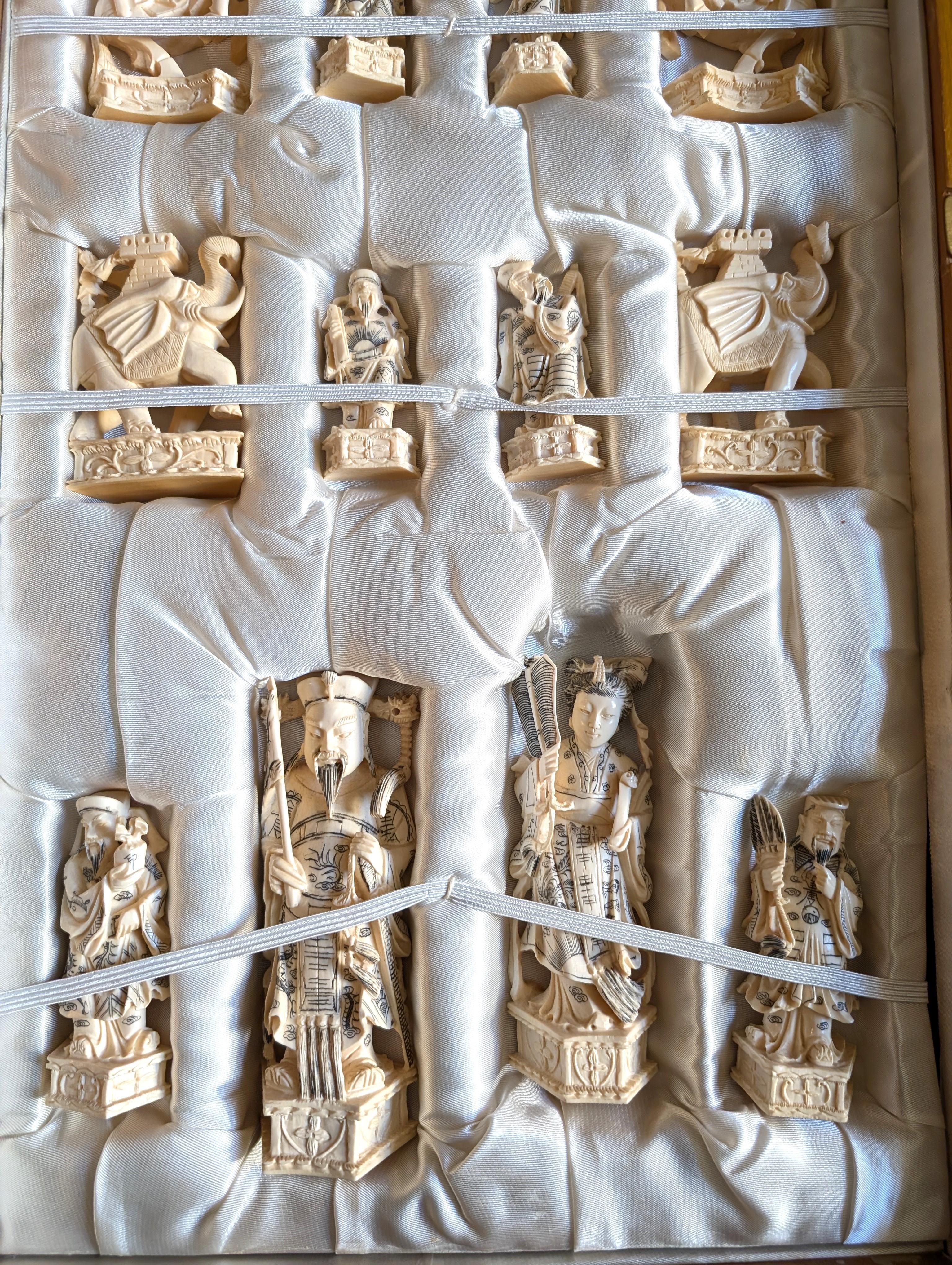 Other Vintage Hand Carved Bone Chess Set Chinese Asian Art with Travel Board Game For Sale