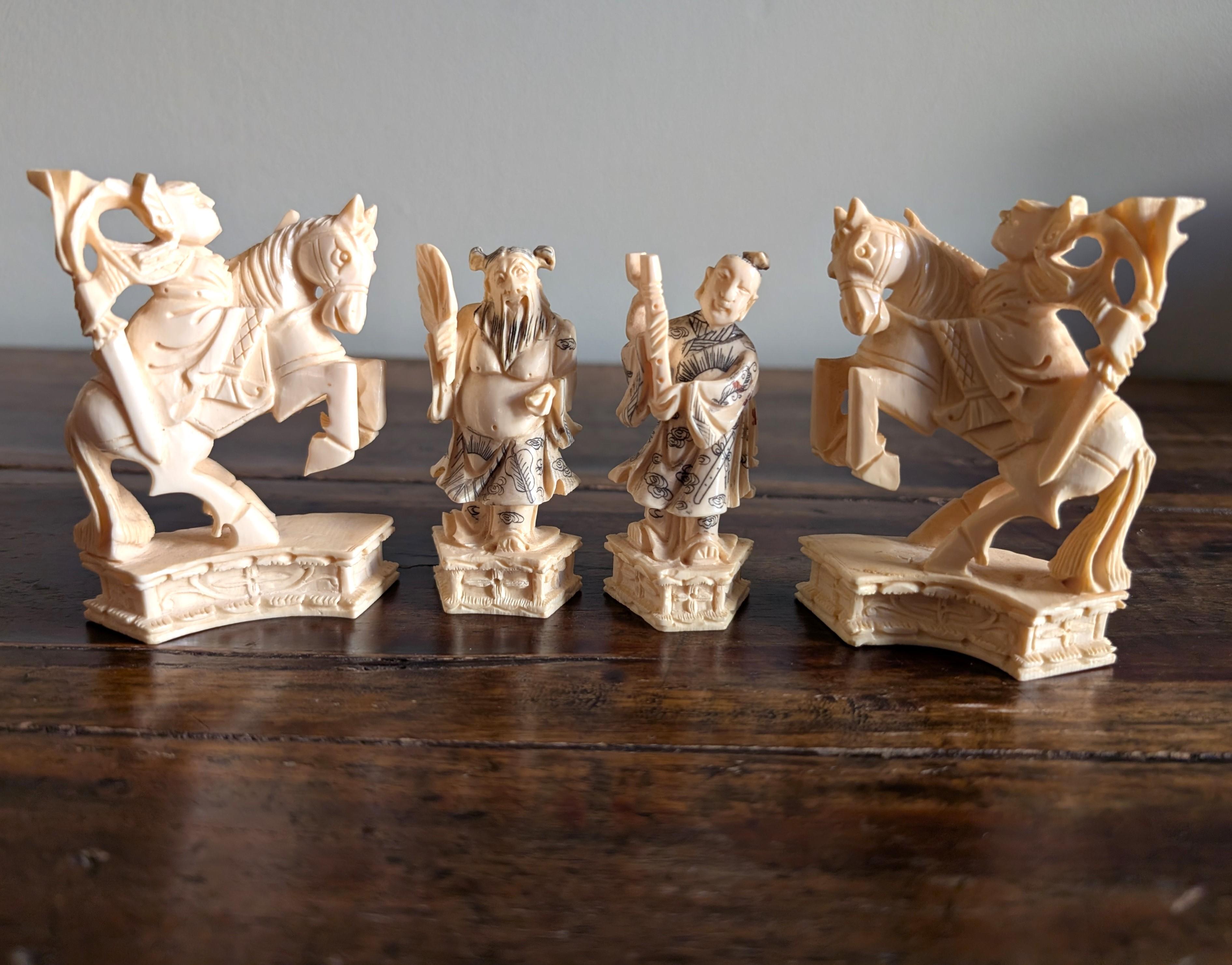 Vintage Hand Carved Bone Chess Set Chinese Asian Art with Travel Board Game For Sale 2