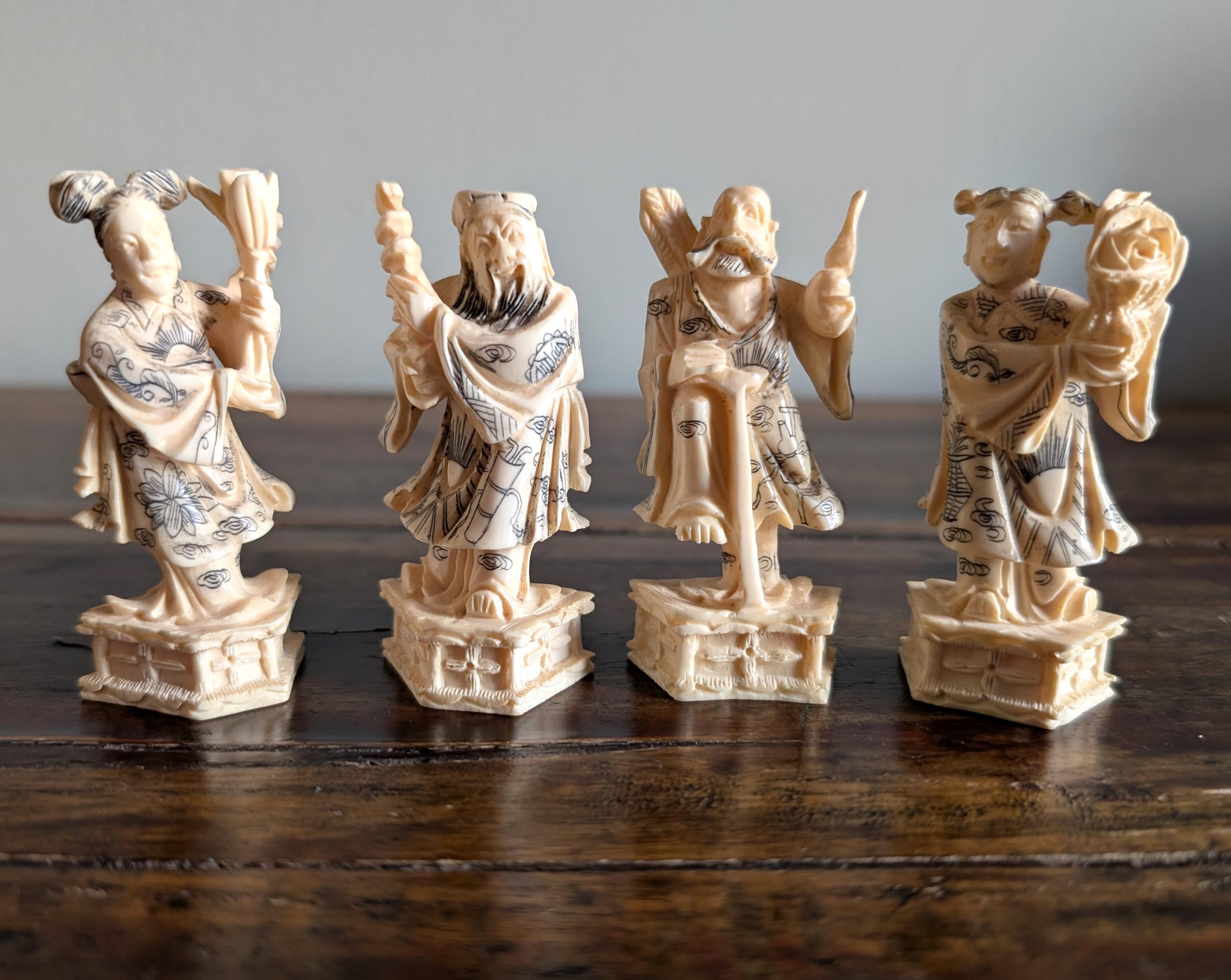 Vintage Hand Carved Bone Chess Set Chinese Asian Art with Travel Board Game For Sale 3