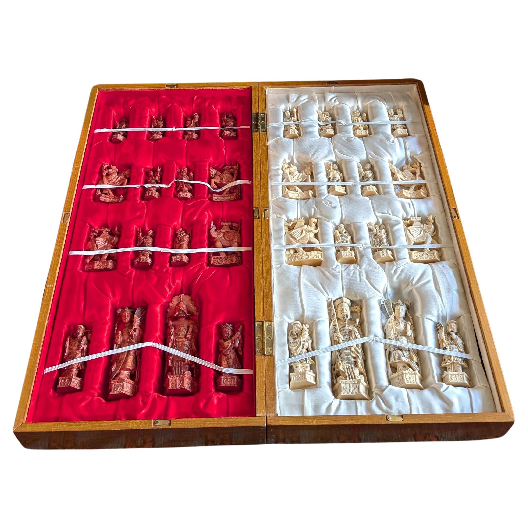 Vintage Hand Carved Bone Chess Set Chinese Asian Art with Travel Board Game