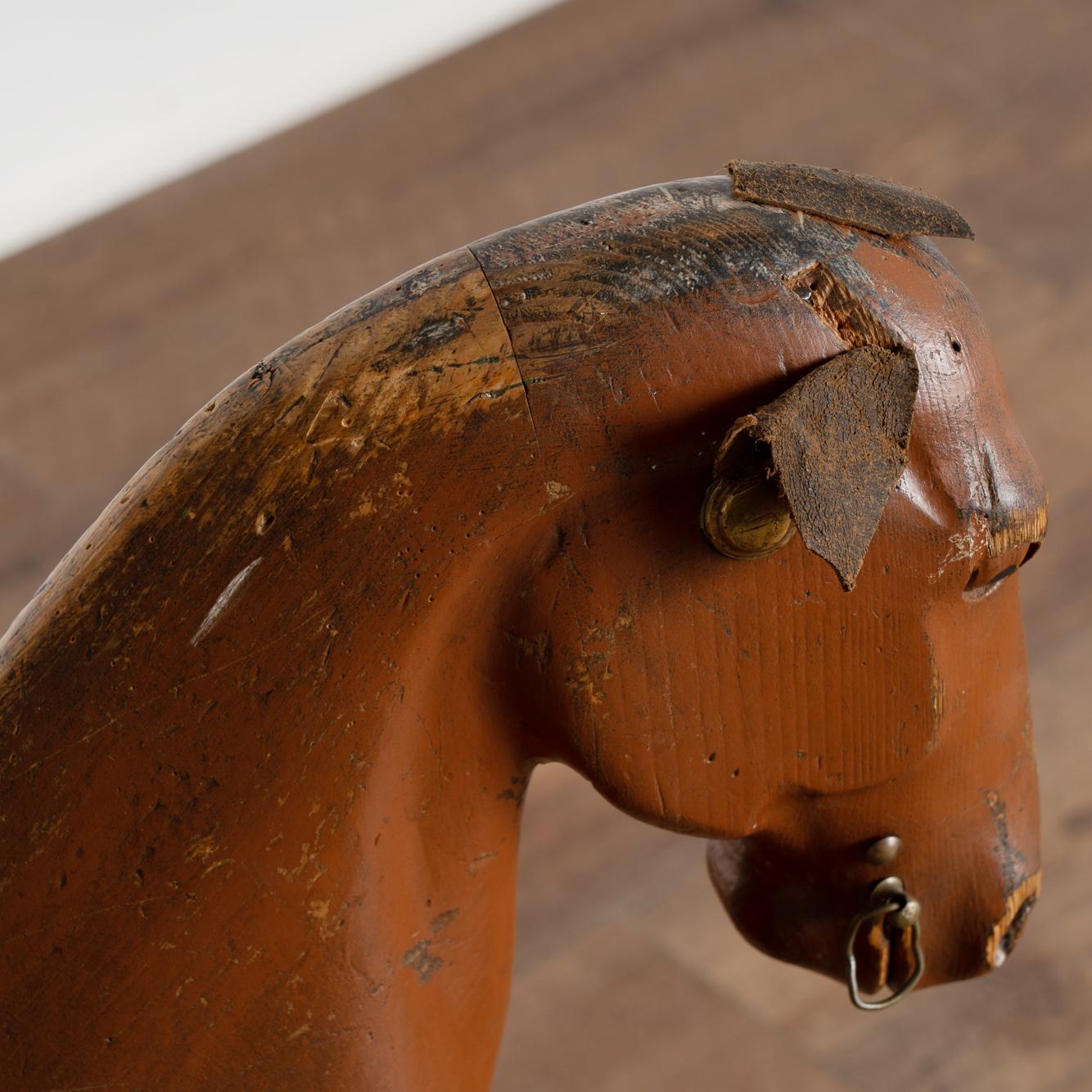Vintage Hand Carved Brown Painted Wood Horse Sculpture, Sweden circa 1940 For Sale 3