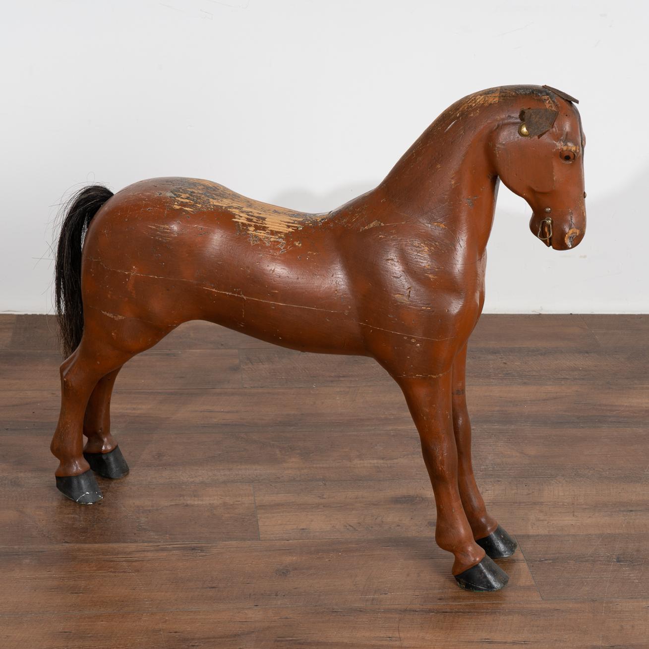 Vintage Hand Carved Brown Painted Wood Horse Sculpture, Sweden circa 1940 For Sale 5