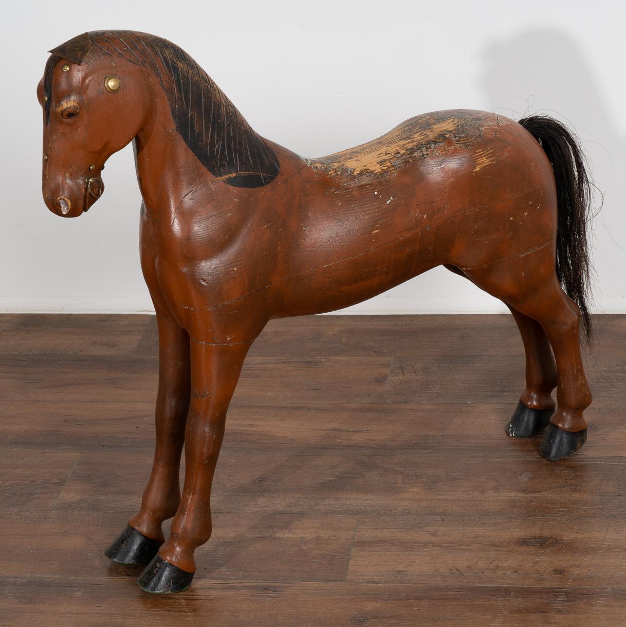 Rustic Vintage Hand Carved Brown Painted Wood Horse Sculpture, Sweden circa 1940 For Sale