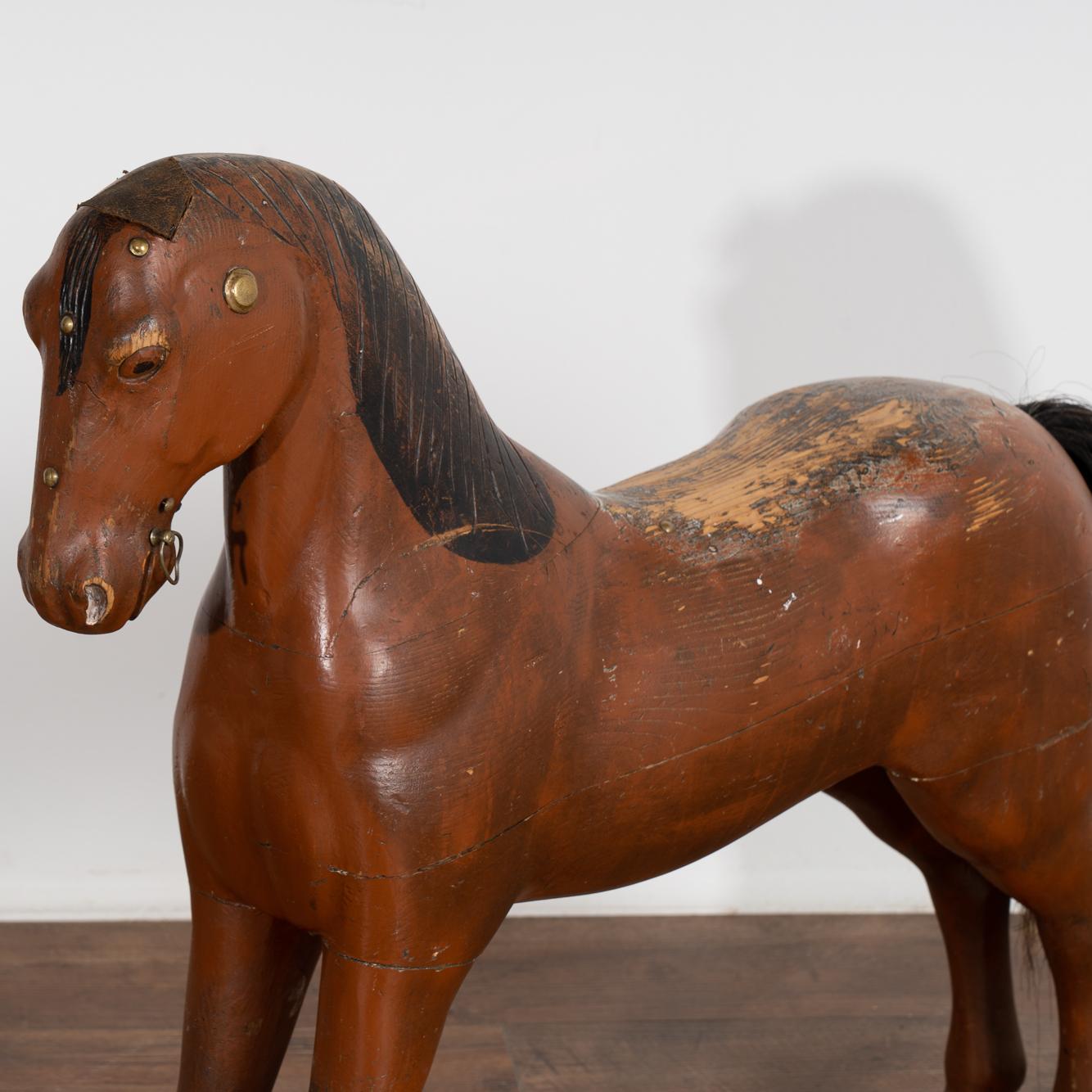 Swedish Vintage Hand Carved Brown Painted Wood Horse Sculpture, Sweden circa 1940 For Sale