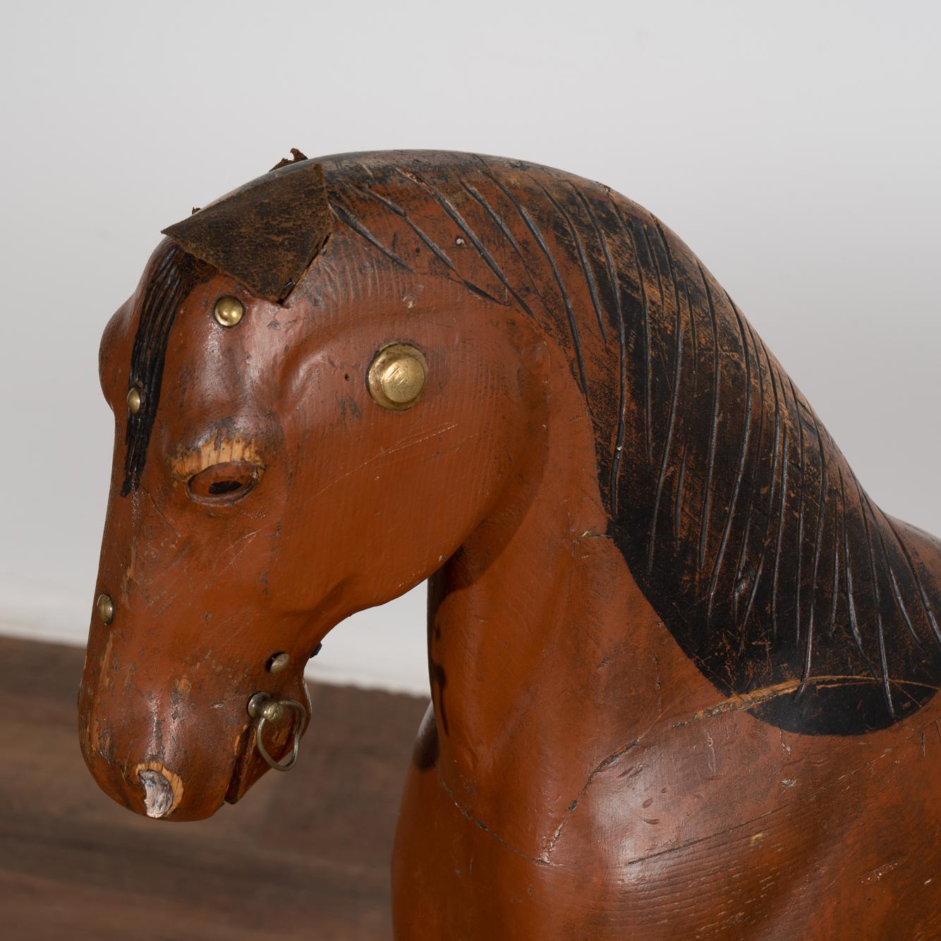 Vintage Hand Carved Brown Painted Wood Horse Sculpture, Sweden circa 1940 In Good Condition For Sale In Round Top, TX